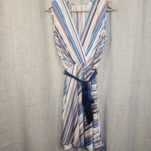 Rolla Coster Striped V Neck Sleeveless Midi Dress Women's L Lollipop Spring Belt